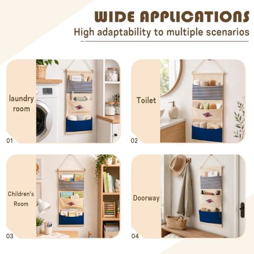 3-Pocket Hanging Wall Organizer, Navy Stripe Design for Boys' Bedroom