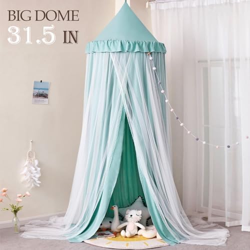 Kertnic Princess Bed Canopy for Girls, Double Layer Round Bed Mosquito Net, 31.5" Large Dome Indoor Castle Bed Tent, Sleeping & Reading Nook Curtain for Boys Girls (Green)