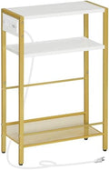 HOOBRO Small Narrow Side Table with Charging Station, Skinny End Table for Small Spaces, Slim Nightstand with USB Ports Outlet, Sofa Beside Table with Storage Shelf, White and Gold DW102UBZ01