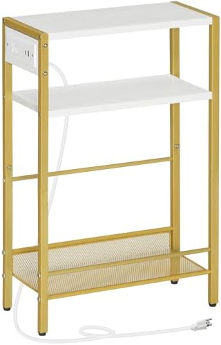 HOOBRO Small Narrow Side Table with Charging Station, Skinny End Table for Small Spaces, Slim Nightstand with USB Ports Outlet, Sofa Beside Table with Storage Shelf, White and Gold DW102UBZ01