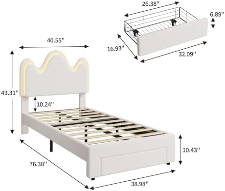 IDEALHOUSE Twin Bed Frame with LED Headboard and Under-Bed Drawer, Metal Upholstered Platform Bed with LED Light for Kids, Girls, Lamb Fleece Fabric, Wooden Slats Support, No Box Spring Needed, White