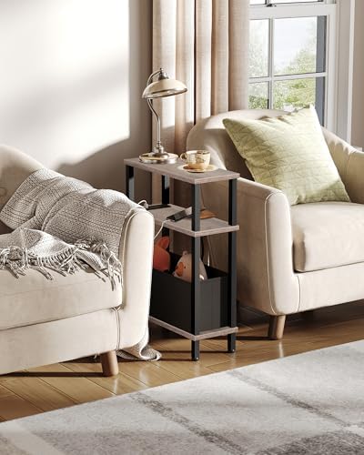 CHOEZON Small Narrow Side Table with Charging Station, Skinny End Table with Fabric Basket, Slim Nightstand for Small Spaces, Sofa Side Table, for Living Room, Bedroom, Greige and Black TBZ07UFH