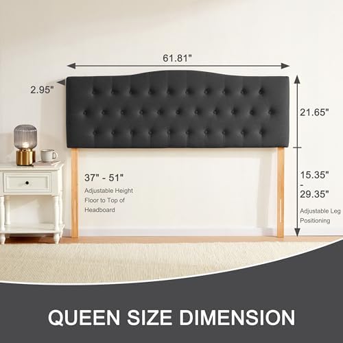 Tufted Headboard Queen Size, Solid Wood Adjustable Height Head Board, Black