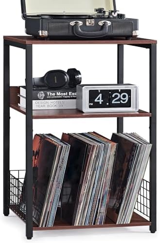 LELELINKY Walnut Oak 18" Wide End Table,3 Tier Large Record Player Stand with Storage Up to 130 Albums,Modern Turntable Stand, Records Vinyl Shelf for Living Room, Bedroom, Printer Desk for Home Office