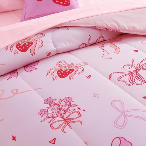 Twin Comforter Set for Girls-3 Pieces Pink Bow Printed Twin Bedding Sets