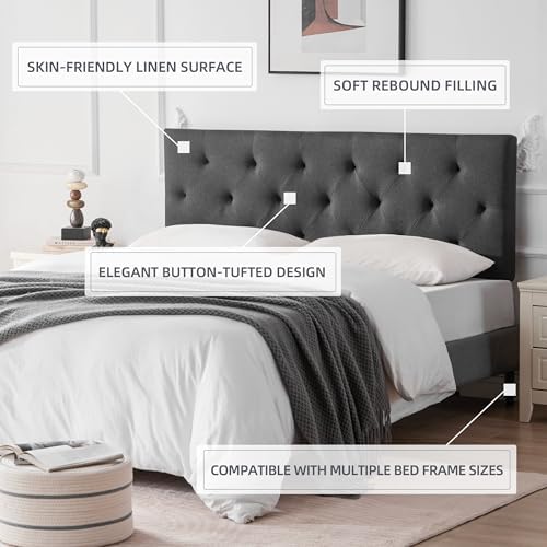 Linen Headboard King Size, Adjustable Height Headboard 37-51 in, Dark Gray