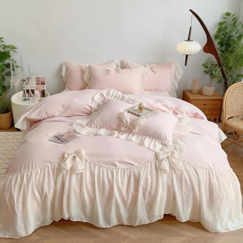 IHOUSTRIY Duvet Cover Twin Size, Ruffle Beddding Set with Bowtie, 2 Pieces Comforter Cover Set with Zipper Closure, Girl Princess Bedding with Pillowcase - Light Pink, Twin