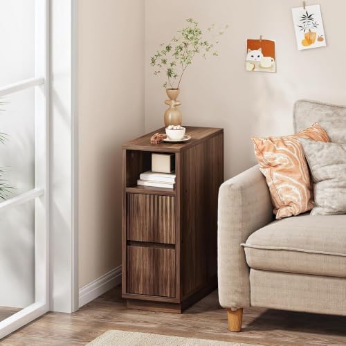 CHOEZON 8.7" Narrow Nightstand Set of 2, Small Bedside Table with Drawers, Skinny Side Table, Modern Nightstand with 1 Semi-Open Shelf, Floating End Table, for Living Room, Bedroom, Walnut MBZ12P2HT