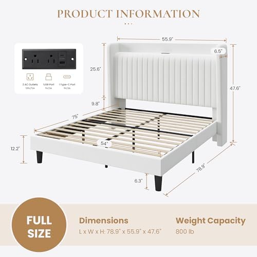 SHA CERLIN Full Size Velvet Bed Frame with Shelf, Charging Station, White