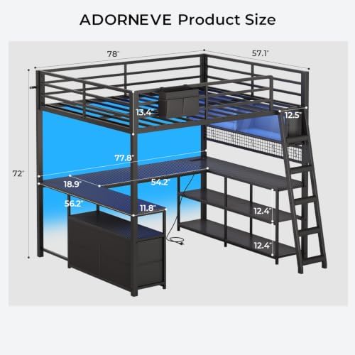 ADORNEVE Gaming Loft Bed Full Size with U-Shaped Desk & RGB Cabinet, Black