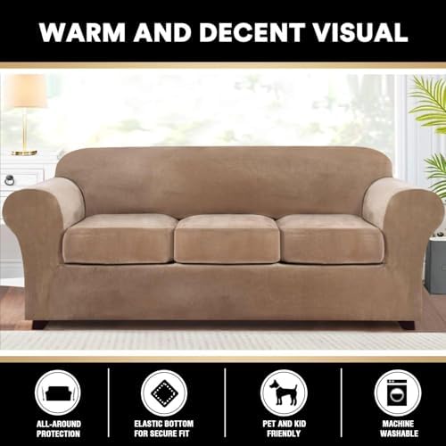 PrinceDeco Velvet Couch Covers for Sofa Soft 4 Pieces Couch Covers for 3 Cushion Couch Sofa Pet Friendly Furniture Protector with Non Slip Elastic Bottom Width Up to 97 Inch (Large Sofas, Camel)