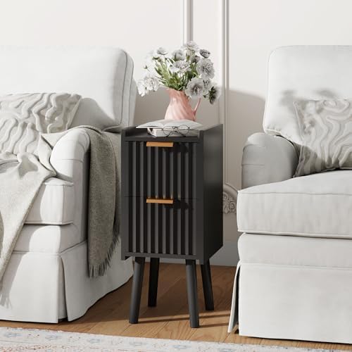 IBUYKE Narrow Nightstand,Slim Bedside Table with 2 Drawer,Black UWNS015B