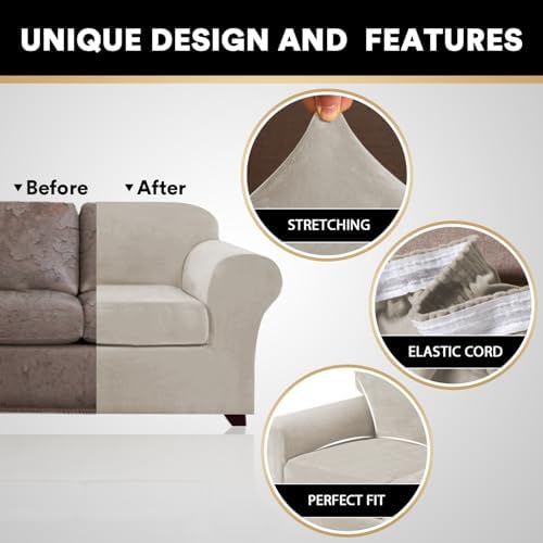 PrinceDeco Velvet XL Couch Cover for Oversized Sofa 4 Piece Sofa Covers for 3 Cushion Couch Washable Furniture Protector with Non Slip Elastic Bottom Width Up to 105 Inch(X-Large,Oatmeal)