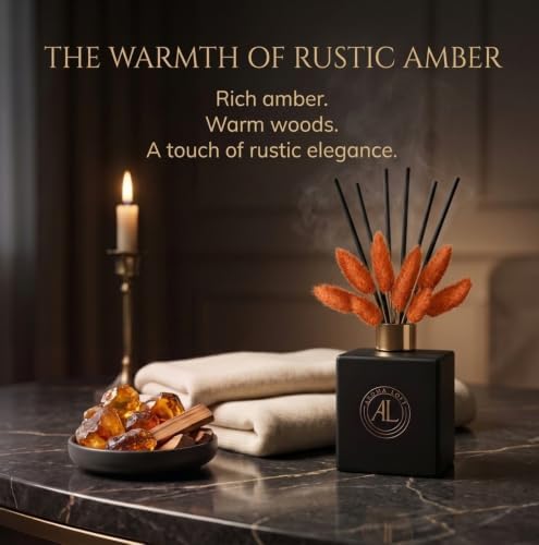Black Reed Diffuser Sticks in Oil Set with Rustic Amber Scent | Long-Lasting Reed Diffusers for Home, Office & Bedroom Decor Fragrance Diffuser | BunnyTail Orange Dried Flowers | (5 oz)