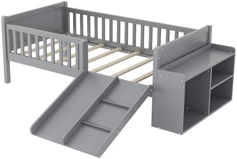 SOFTSEA Twin Size Low Loft Bed with Slide, Wood Loft Bed Frame with Storage Shelves and Guardrails for Kids, Gray