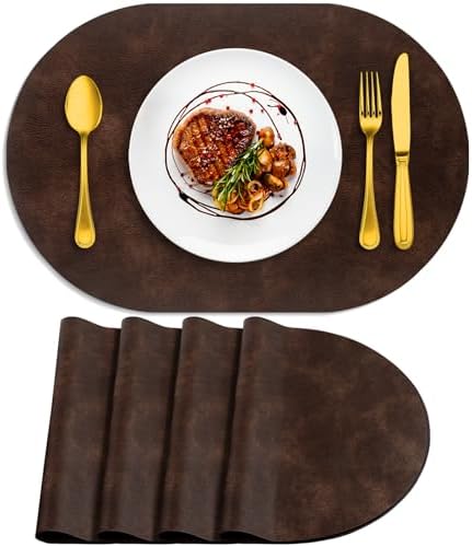 ADRIMER Oval Placemats Set of 4, Wipeable Faux Leather, Coffee
