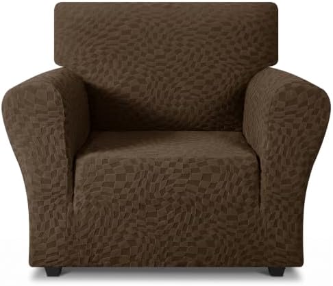 ZNSAYOTX 1 Piece Stretch Chair Cover with Arms (34"-44"), New Plaid Armchair Cover with Elastic Band for Living Room, Ultimate Soft Cozy Washable Chair Slipcover Form Fit Protector, Coffee