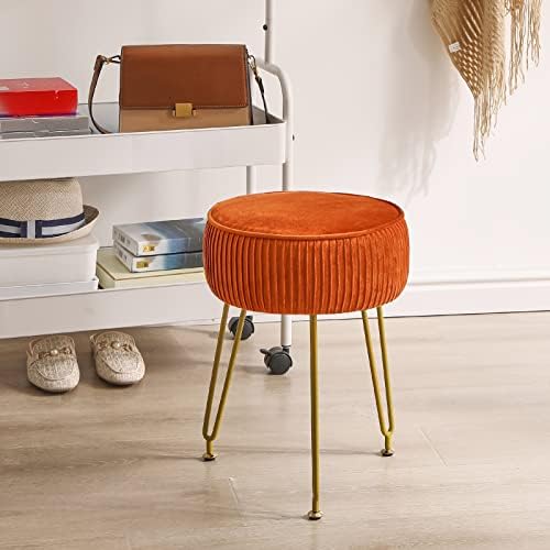 IBUYKE Makeup Vanity Stool, Velvet Round Footrest Ottoman, Orange LG-30J