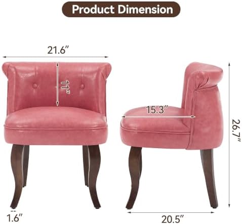 WUTUTUEE Leather Vanity Chair with Back, Tufted Upholstered Vanity Stool with Solid Wood Legs, Mid Century Small Makeup Chair for Vanity, Accent Chair for Bedroom, Living Room, Pink