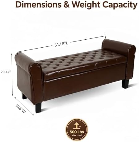 51 Inch Brown Faux Leather Storage Ottoman Bench with Rolled Armrests