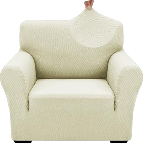 ZNSAYOTX 1 Piece Jacquard Chair Slipcovers for Living Room High Stretch Chair Covers with Arms Anti Slip Pets Friendly Couch Sofa Armchair Cover Furniture Protector (Small, New Pattern Light Beige)