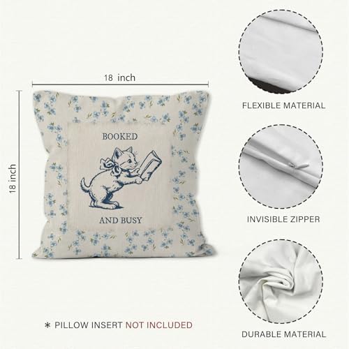 Vintage Floral Cat Dog Reading Throw Pillow Cover 18x18 Set of 2, Book Lover Bookworm Gifts Decorative Pillow Covers for Home Library Reading Room, Cottagecore Accent Pillows Cover Pillowcases
