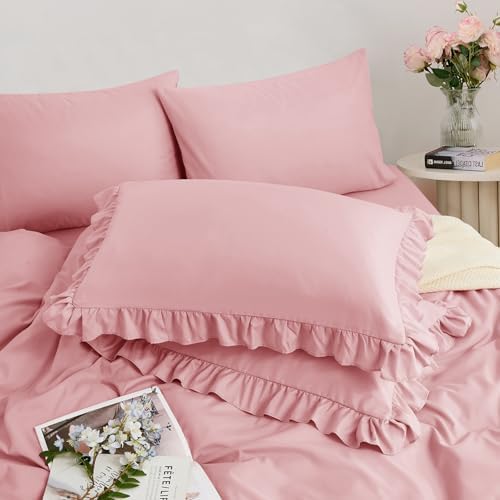Horbaunal 5 Pcs Pink Ruffle Duvet Cover Queen Size Soft Microfiber Shabby Chic Ruffled Duvet Cover Set, Vintage French Country Ruffle Bedding Set with Zipper Closure & Corner Ties, 90" x 90"