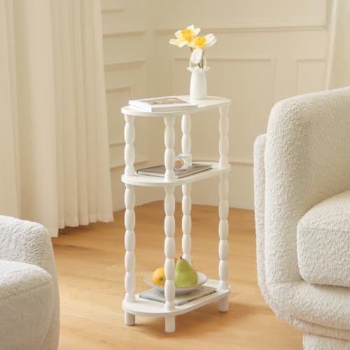 MaxSmeo Narrow Side Table, Small End Table with 3-Tier Open Shelf, White