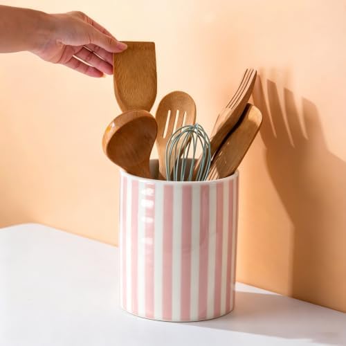 Kitchen Utensil Holder,7.2-inch Extra Large Ceramic Stripes Pattern Utensil Crock,Cooking Utensil Organizer for Kitchen Counter Decor,Storage Caddy Farmhouse Gift Pink