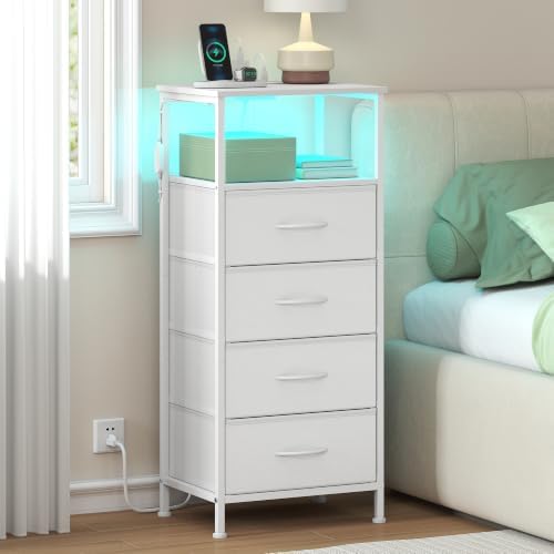SONGMICS Nightstand with Charging Station, 4 Fabric Drawers