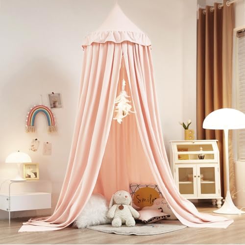 Kertnic Decor Princess Canopy for Girls Bed, Soft Smooth Playing Tent Canopy Room Decoration Castle, Dreamy Mosquito Net Bedding, Reading Nook Canopies in Home (Pink-Ruffle)