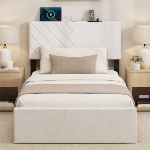 Twin Bed Frame with Adjustable Headboard, White Velvet Upholstered