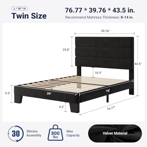 Allewie Twin Size Platform Bed Frame with Velvet Upholstered Headboard