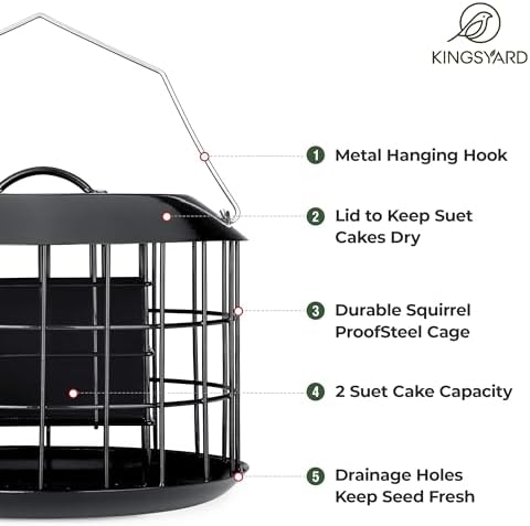 Kingsyard Squirrel Proof Suet Feeder, Cage Bird Feeders for Outdoors Hanging, All Metal, Double Suet Cake Capacity, Tray & Weatherproof, Black