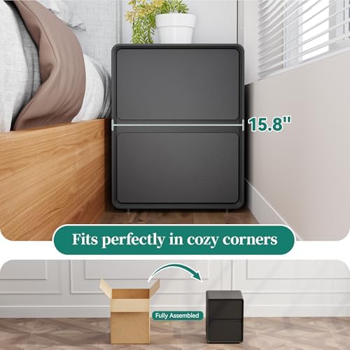 15.8" W Faux Leather Narrow Nightstand, Modern Fully-Assembled Bedside Table with 2 Drawers, Wood Night Stand Small Accent End Table & Side Table for Bedroom, Black