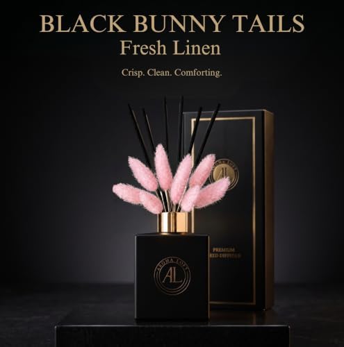 Black Reed Diffuser Sticks in Oil Set with Fresh Linen Scent | Long-Lasting Reed Diffusers for Home, Office & Bedroom Decor Fragrance Diffuser | BunnyTail Pink Dried Flowers | (5 oz)