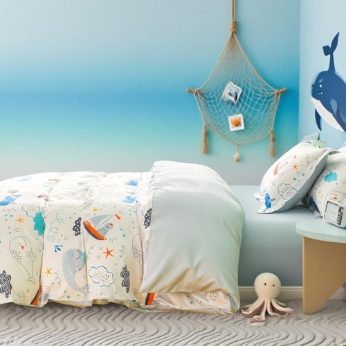 Simple&Opulence 100% Organic Cotton Duvet Cover for Kids Teens, 4 Pieces Soft Comforter Cover with Zipper Closure Cool Boy Girl Sea Sailboat Ocean Bedding Set - Whale, Full/Queen