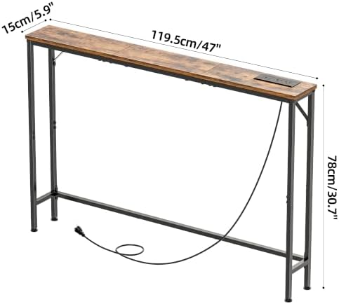47.2" Console Table with Power Outlets, Narrow Entryway Table with Charging Station, Skinny Sofa Table for Entryway, Living Room, Foyer, Corridor, Office, Rustic Brown