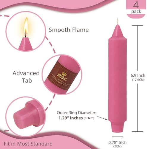NJAO HOO Hot Pink Short Taper Candle 7 Inch Candlesticks Unscented Dripless Tapered Candle Set for Home Decor Wedding Party Dinner Candles, 4 Pack
