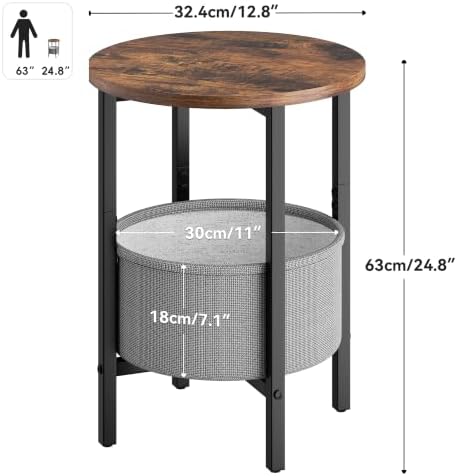 Vagusicc Small Round Side Table, Accent End Table with Fabric Basket, Drink Table Coffee Table for Small Spaces, Sofa Corner Table,Bedside Table,Modern Nightstand for Living Room,Bedroom, Rustic Brown