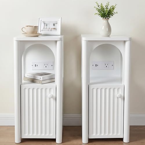 White Narrow Nightstand Set of 2 Bedside Table with ChargingStation