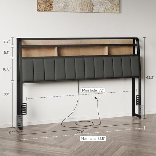 King Headboard Only with Storage, Charging Station, Black & Brown