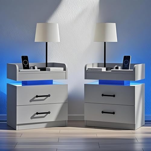 4ever2buy Grey Nightstand Set of 2 with Charging Station and LED Lights