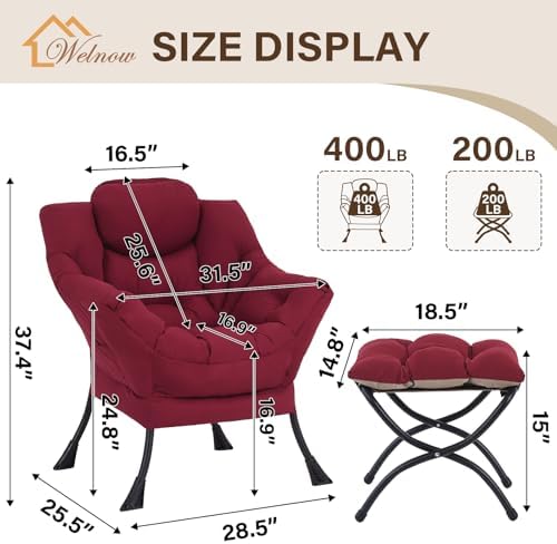 Welnow Lazy Chair with Ottoman, Reading Chair with Footrest,Burgundy