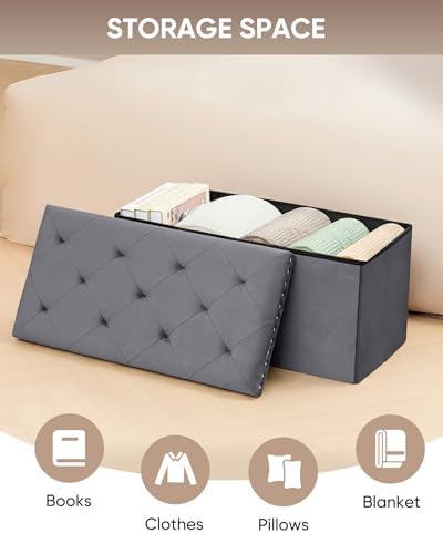 B FSOBEIIALEO Storage Ottoman Bench, 30" Velvet Ottoman With Storage, Grey