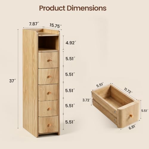 FurSch 37”H Tall 7.87”W Narrow Nightstand with 5 Drawers for lofted Dorm