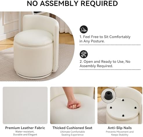 WUTUTUEE Faux Leather Vanity Chair with Storage, 360° Swivel Makeup Chair with Pleated Back, No Assembly Small PU Accent Stool for Bedroom, Dressing Room, Living Room, White