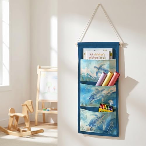 IAXIC Canvas Wall Hanging Organizer with Pockets Fish Extender Hanging Pouch Watercolor Turtle Door Closet Organizers Fabric Storage Pockets Wall Decoration