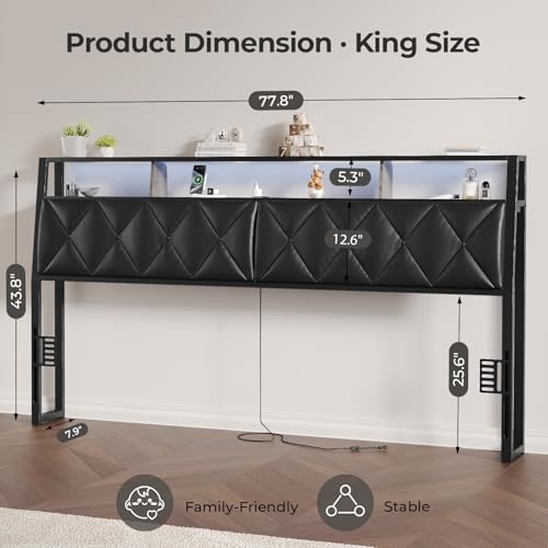 Headboard King Size with Storage, Charging Station & Lights, Black