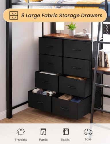 Full Metal Loft Bed with L-Shaped Desk and 8 Storage Drawers,Black